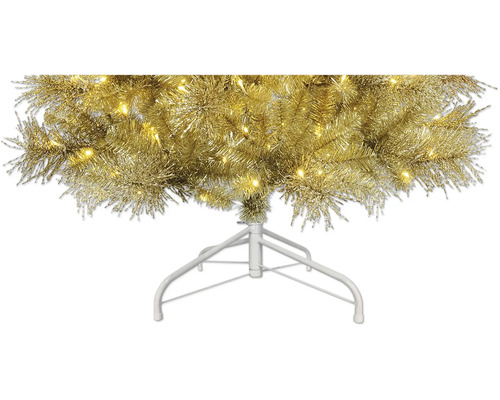 Kunstkerstboom in goud met geïntegreerde ledverlichting op een witte metalen standaard.