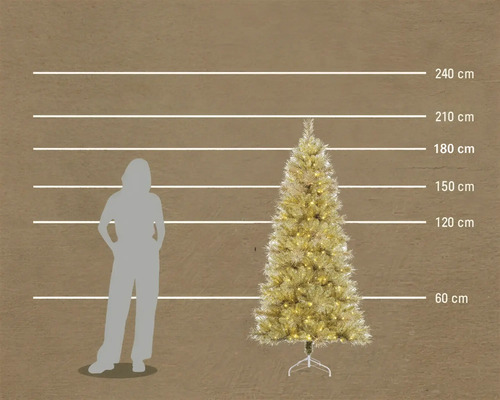Lengtevergelijking van een kunstkerstboom van 180 centimeter hoog naast het silhouet van een persoon en maatlijnen.