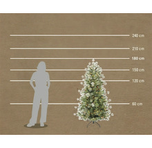 Kunstkerstboom met verlichting en sneeuweffect, hoogte 180 centimeter, vergelijking van grootte met een persoon.