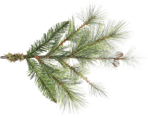 Kunstmatige dennentak met naalden, kegels en kunstsneeuw voor kerstdecoratie.