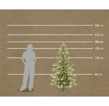 Kunstkerstboom met verlichting in een vergelijking van de grootte met een menselijk silhouet, hoogte 155 centimeter.