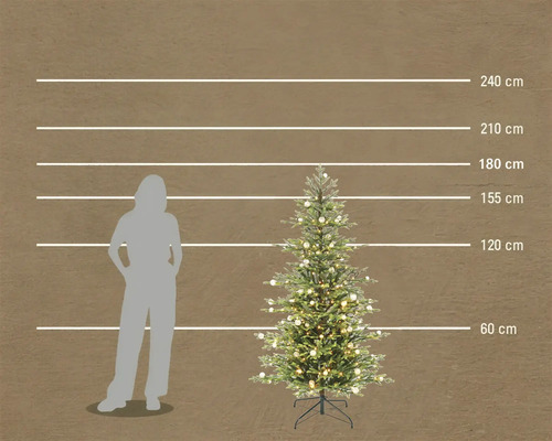 Kunstkerstboom met verlichting in een vergelijking van de grootte met een menselijk silhouet, hoogte 155 centimeter.
