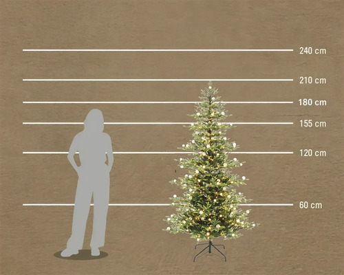 Kunstkerstboom met LED-verlichting in een vergelijking van de grootte met een persoon en hoogte-indicaties tot 240 centimeter.