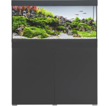 EHEIM aquariumcombinatie met antracietkleurige onderkast, twee deuren en beplant aquarium met vissen.