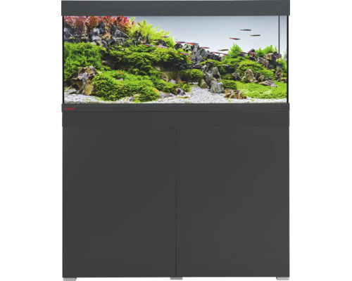 EHEIM aquariumcombinatie met antracietkleurige onderkast, twee deuren en beplant aquarium met vissen.