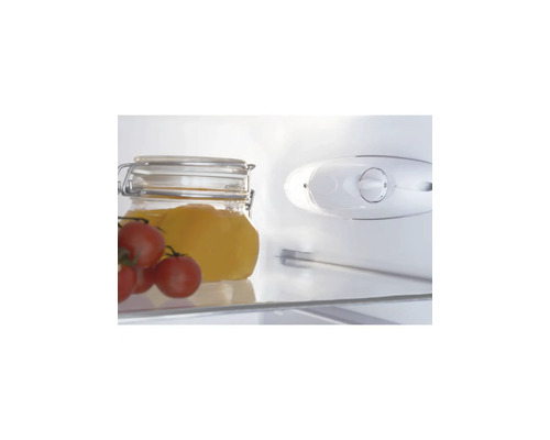 Binnenaanzicht van een koelkast met glazen plateau, weckpot, tomaten en een mechanische thermostaatknop.