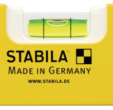 Detailweergave van een Stabila waterpas met libel en Stabila Logo.