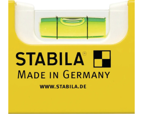 Detailweergave van een Stabila waterpas met libel en Stabila Logo.