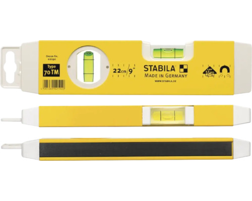 Stabila Logo, waterpas type 70 TM, lengte 22 centimeter, met magneet en twee libellen.