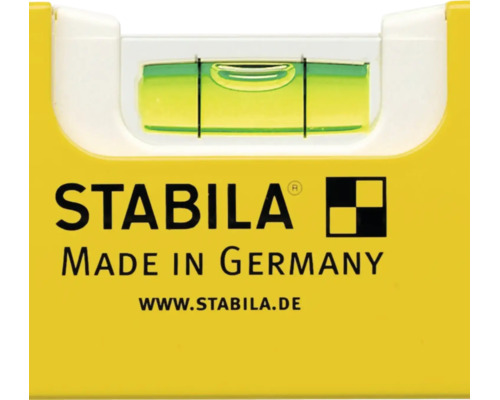 Detailopname van een Stabila waterpas met libel, het Stabila Logo en het herkomstsymbool Made in Germany.