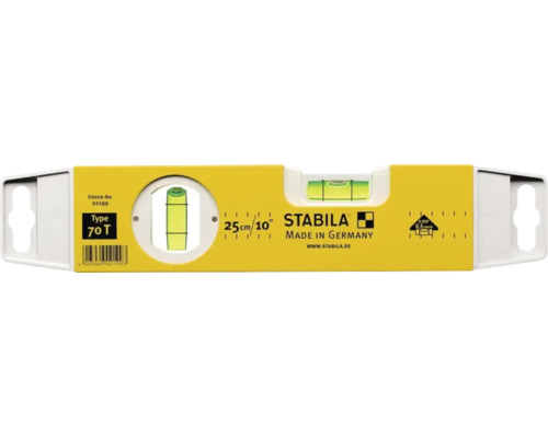 Stabila waterpas type 70 T met een horizontale en een verticale libel, lengte 25 centimeter.