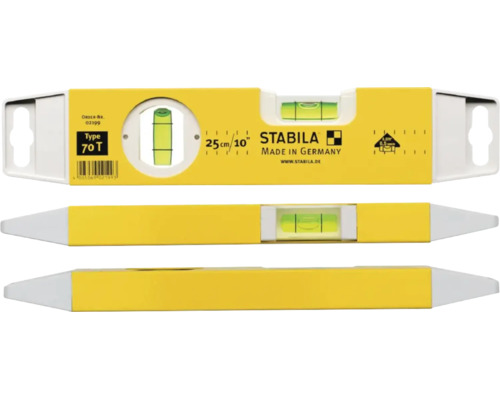 Stabila waterpas Type 70 T, 25 centimeter, met een horizontale en een verticale libel.