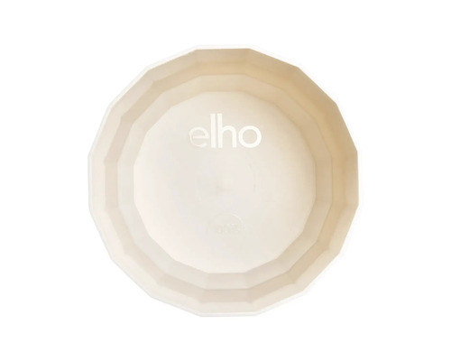Bovenaanzicht van een gefacetteerde Elho bloempot van kunststof met het elho Logo in het midden.