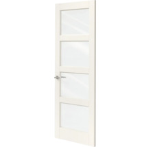 Witte binnendeur met vier glaspanelen en zilverkleurige klink.