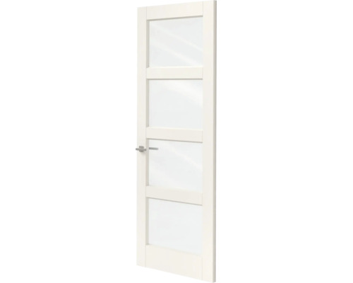 Witte binnendeur met vier glaspanelen en zilverkleurige klink.