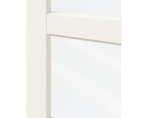 Detailopname van een witte binnendeur met glasinzet en horizontale roede.