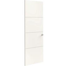 Moderne witte binnendeur met vier horizontale groeven en een zilveren deurklink.