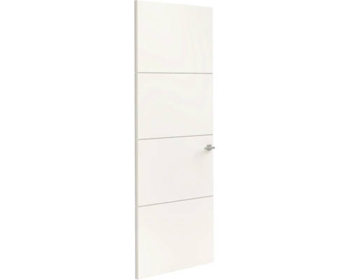 Moderne witte binnendeur met vier horizontale groeven en een zilveren deurklink.
