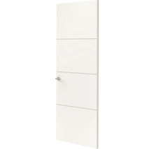 Witte binnendeur met vier horizontale vlakken en zilverkleurige deurkruk.