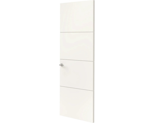 Witte binnendeur met vier horizontale vlakken en zilverkleurige deurkruk.