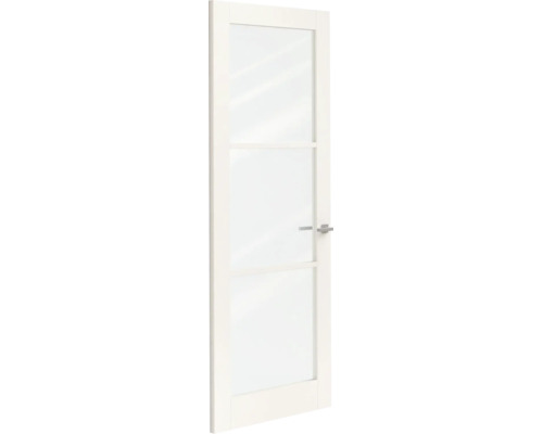 Witte binnendeur met drie glaspanelen en een zilverkleurige deurkruk.