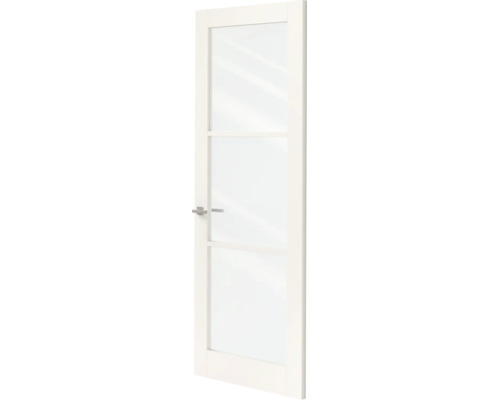Witte binnendeur met drie grote glazen panelen en een moderne zilverkleurige deurklink.