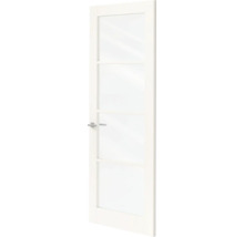 Witte binnendeur met vier glaspanelen en een moderne zilveren deurkruk.