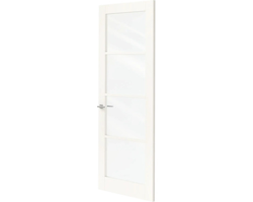 Witte binnendeur met vier glaspanelen en een moderne zilveren deurkruk.