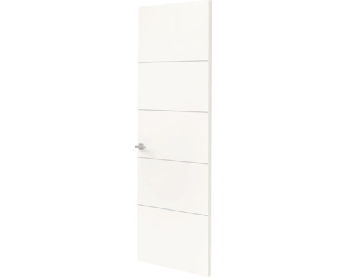 Witte binnendeur met horizontale groeven en zilverkleurige deurkruk.