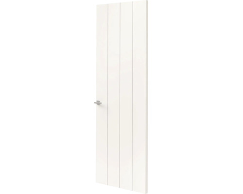 Witte binnendeur met verticale groeven en een zilverkleurige deurklink.