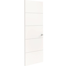 Witte binnendeur met vier horizontale groeven en een zilverkleurige klink.