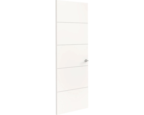 Witte binnendeur met vier horizontale groeven en een zilverkleurige klink.