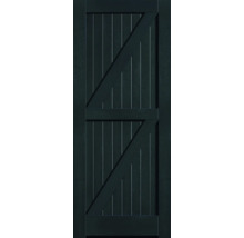 Donkergroene barndeur van hout met Z-frame en verticale lijnen.