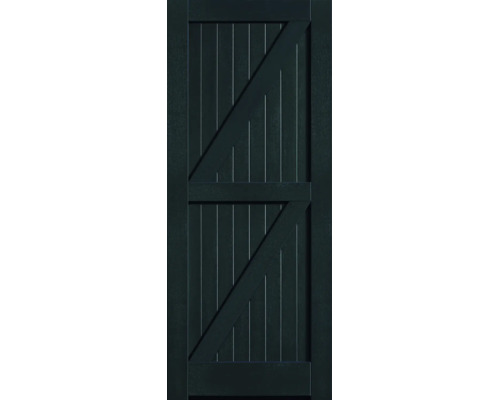 Donkergroene barndeur van hout met Z-frame en verticale lijnen.