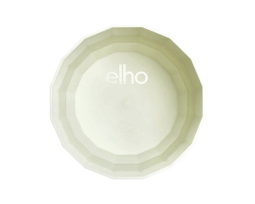 Binnenaanzicht van een veelhoekige bloempot met elho Logo en symbool voor 100 procent recyclebaar materiaal.