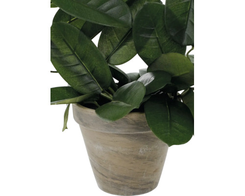 Kunstmatige groene plant in een rustieke pot met steenlook.