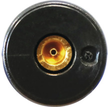 Detailopname van een ronde gasmondstuk met een centraal messing inzetstuk en een kleine bevestigingsschroef aan de zijkant.