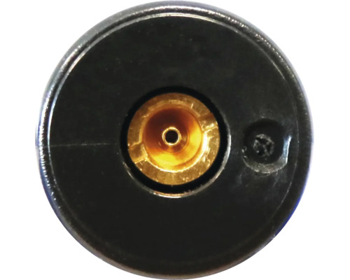 Detailopname van een ronde gasmondstuk met een centraal messing inzetstuk en een kleine bevestigingsschroef aan de zijkant.