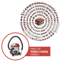 Einhell nat-droogzuiger als onderdeel van de Power X-Change familie met een overzicht van compatibele gereedschappen en accu's.