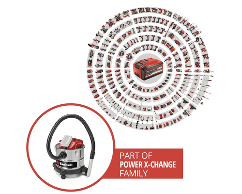 Einhell nat-droogzuiger als onderdeel van de Power X-Change familie met een overzicht van compatibele gereedschappen en accu's.