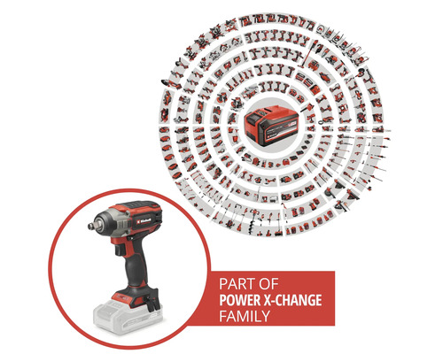 Einhell accu slagmoersleutel als onderdeel van de Power X-Change familie met een overzicht van vele compatibele gereedschappen.