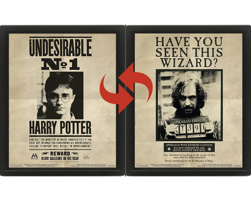 Harry Potter 3D-lenticulaire poster in zwarte lijst met wisselende afbeeldingen van Harry Potter en Sirius Black.