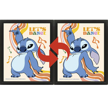 Driedimensionaal lenticulair beeld in zwarte lijst met dansend Disney-personage Stitch, tekst Let s Dance en retro-elementen.