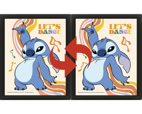 Driedimensionaal lenticulair beeld in zwarte lijst met dansend Disney-personage Stitch, tekst Let s Dance en retro-elementen.