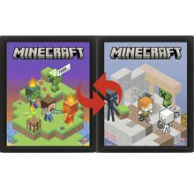 Minecraft fotolijst set met twee zwarte lijsten en omkeerbare posters van Steve, Alex en andere spelpersonages.