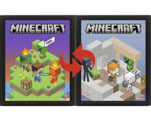Minecraft fotolijst set met twee zwarte lijsten en omkeerbare posters van Steve, Alex en andere spelpersonages.