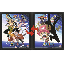 One Piece lenticulair poster in zwarte lijst met wisseleffect, toont diverse personages en het One Piece Logo.