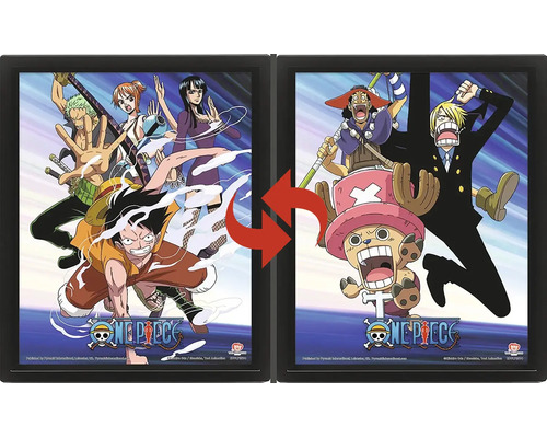One Piece lenticulair poster in zwarte lijst met wisseleffect, toont diverse personages en het One Piece Logo.