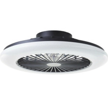 Moderne plafondventilator met geïntegreerde ledverlichting, rond ontwerp, kunststof behuizing met lamellenrooster.