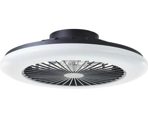 Moderne plafondventilator met geïntegreerde ledverlichting, rond ontwerp, kunststof behuizing met lamellenrooster.